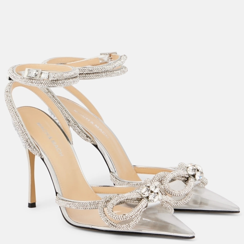 Auth Mach & Mach Crystal Pointy Toe Ankle Wrap Clear Stilletos
